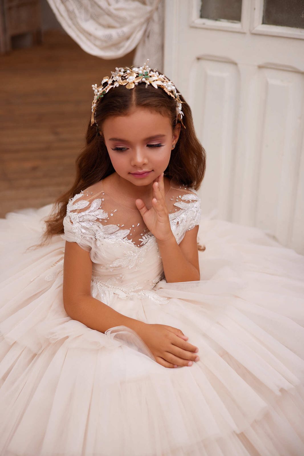 Ivory and Nude Pink Ball Gown with Floral Applique Ivory and Nude Pink Ball Gown with Floral Applique — Flower Girl Dresses