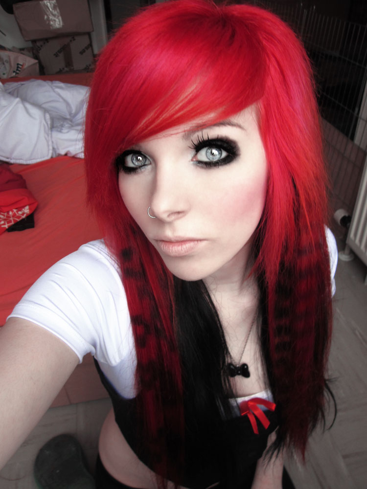 Sleek Mid-Back Layers With Red Sleek Mid-Back Layers With Red — Goth Hairstyles