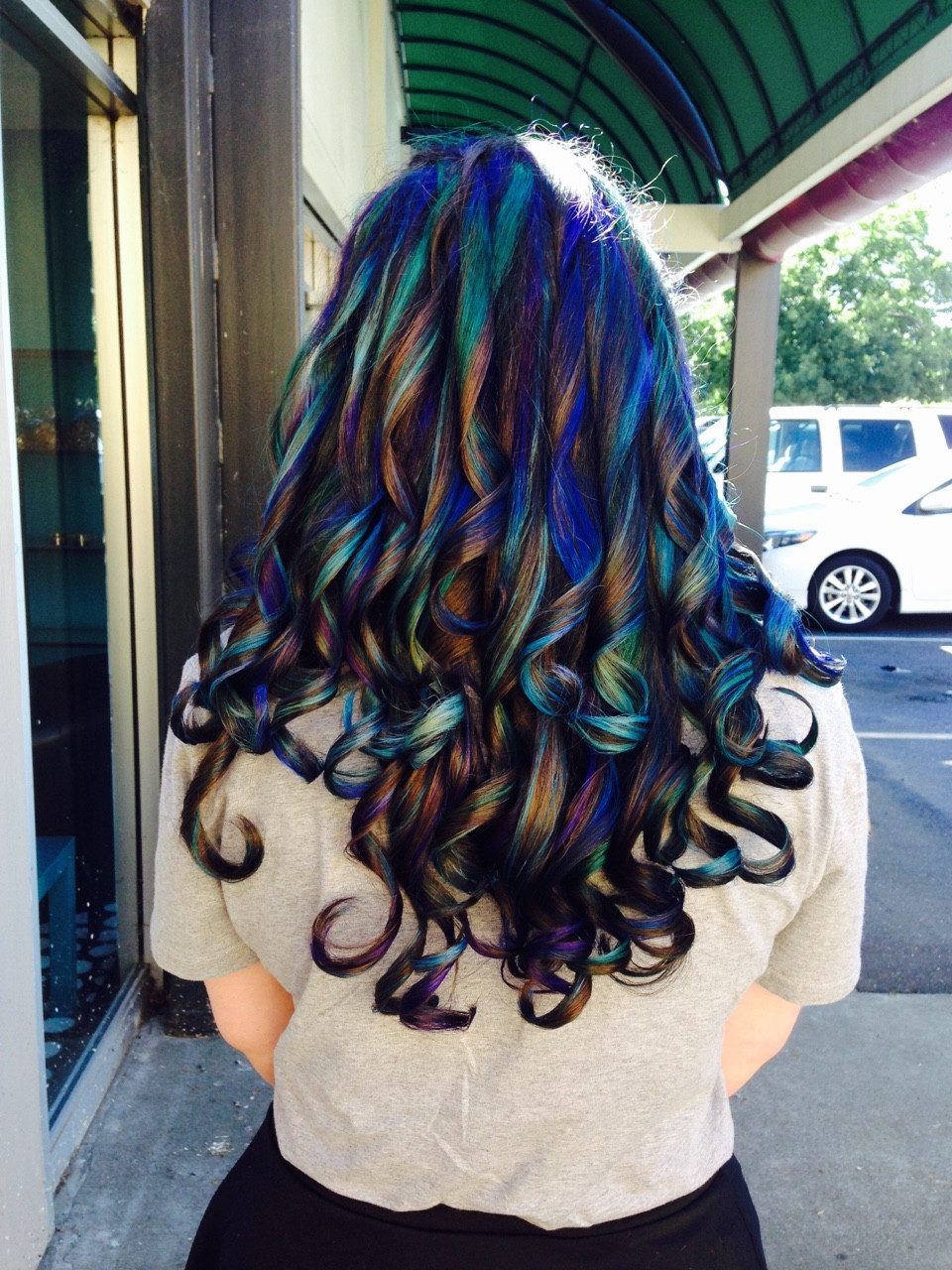Glossy Curls With Deep Blue And Green Glossy Curls With Deep Blue And Green — Oil Slick Hair