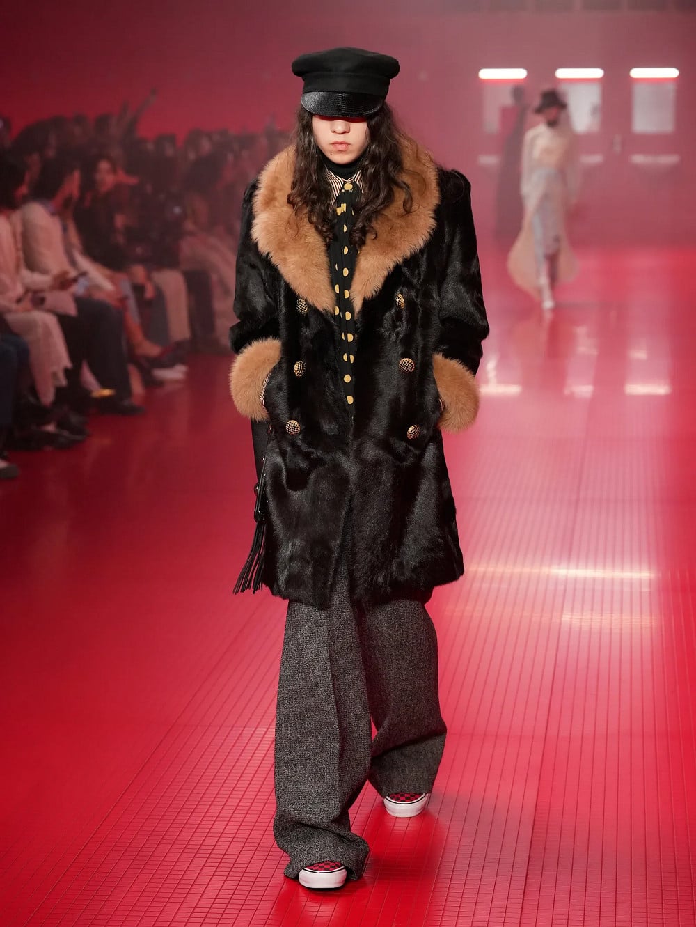 Oversized Faux Fur Coat with Wide-Leg Trousers and Sneakers — Indie Sleaze Outfits