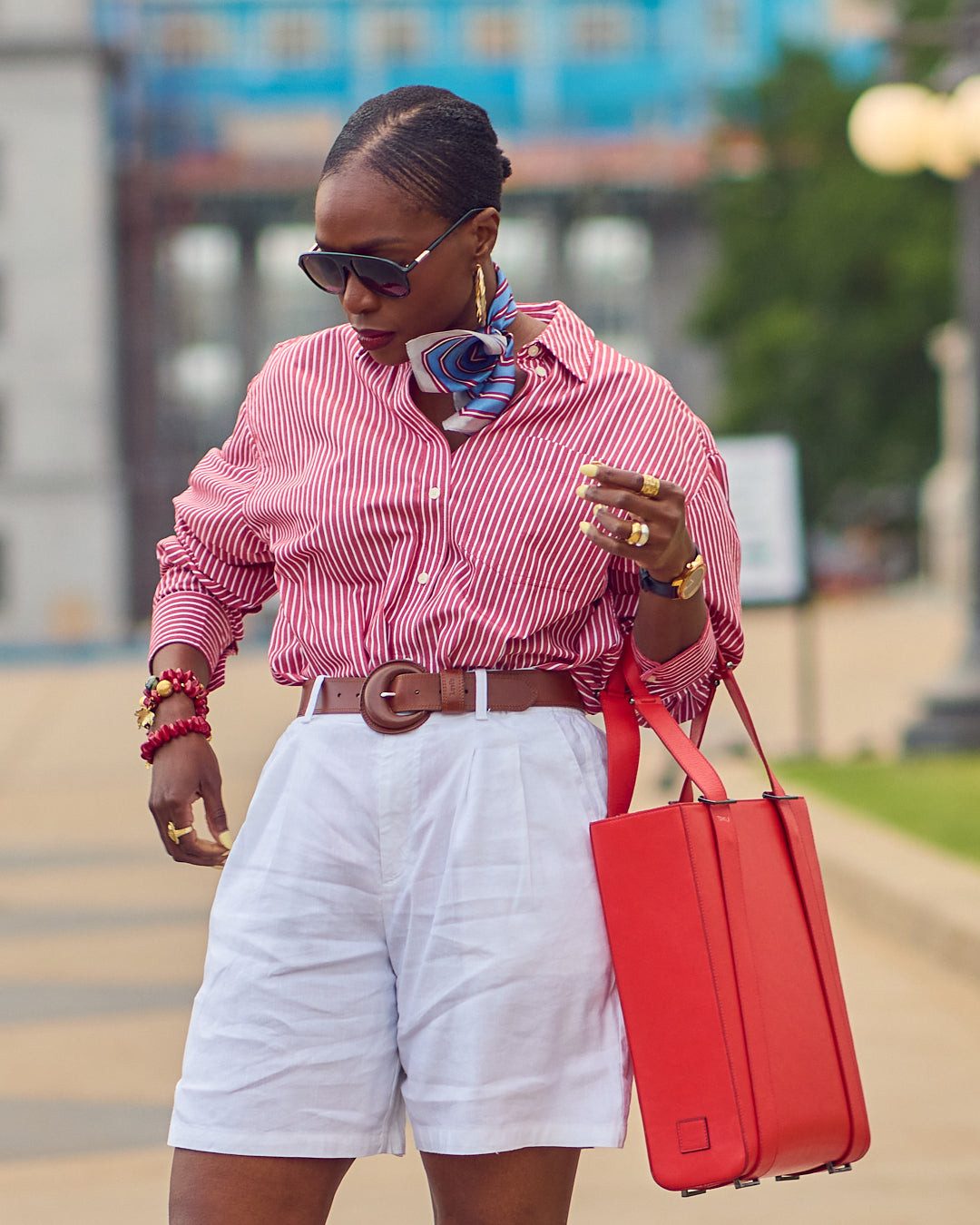 Striped Button-Down and Pleated Shorts for Casual Charm Striped Button-Down and Pleated Shorts for Casual Charm — Chicago Outfits