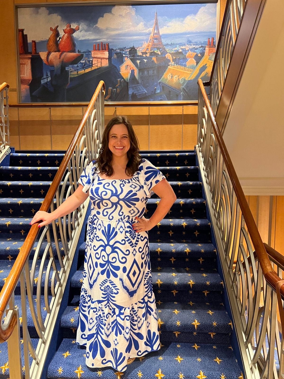 White and Blue Patterned Maxi Dress with Square Neckline — Cruise Dresses