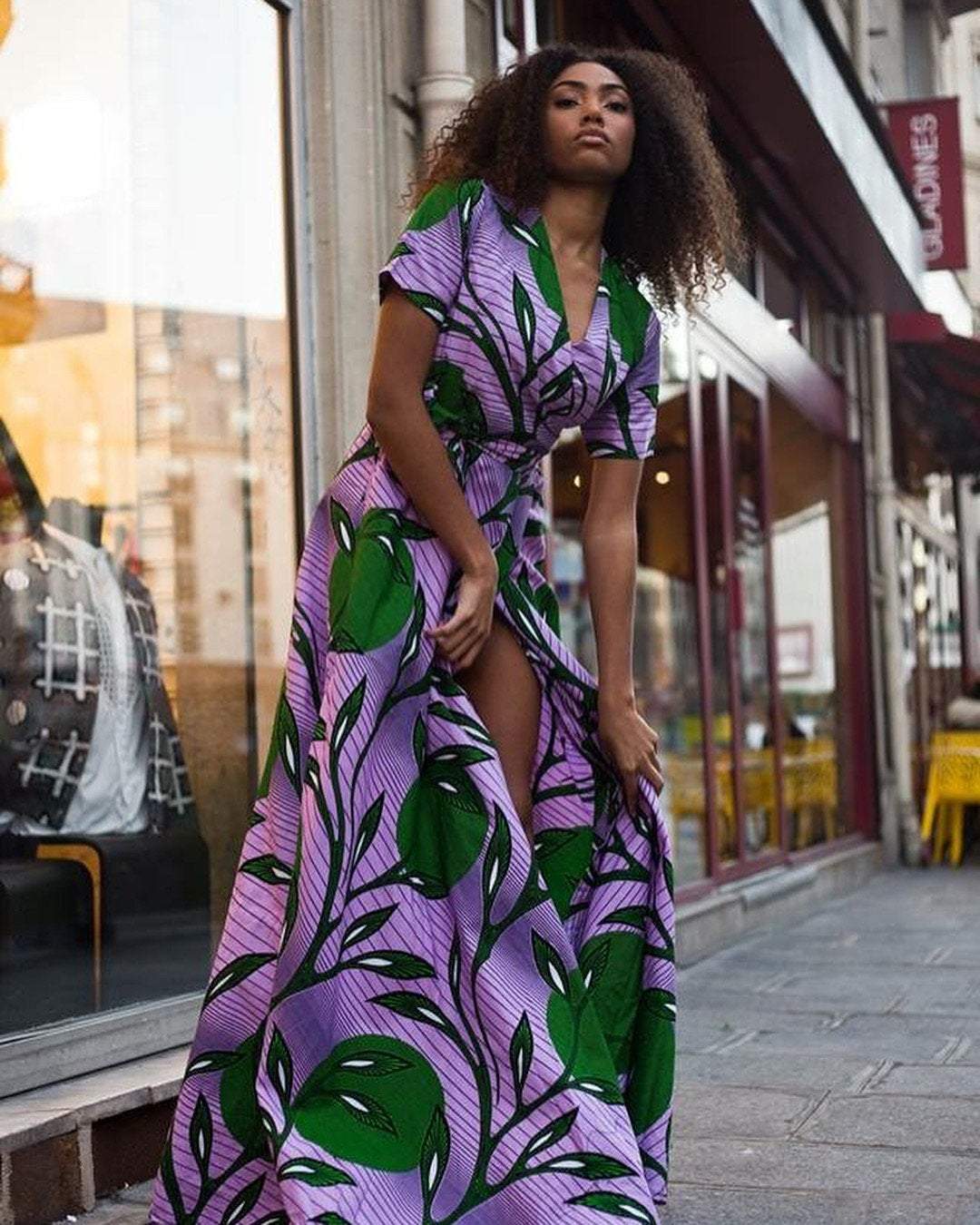 Flowing Wrap Maxi Dress with Leaf Print — African Print Dresses
