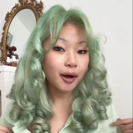 Pastel Mint Curls With Curtain Bangs Pastel Mint Curls With Curtain Bangs — Olive Green Hair
