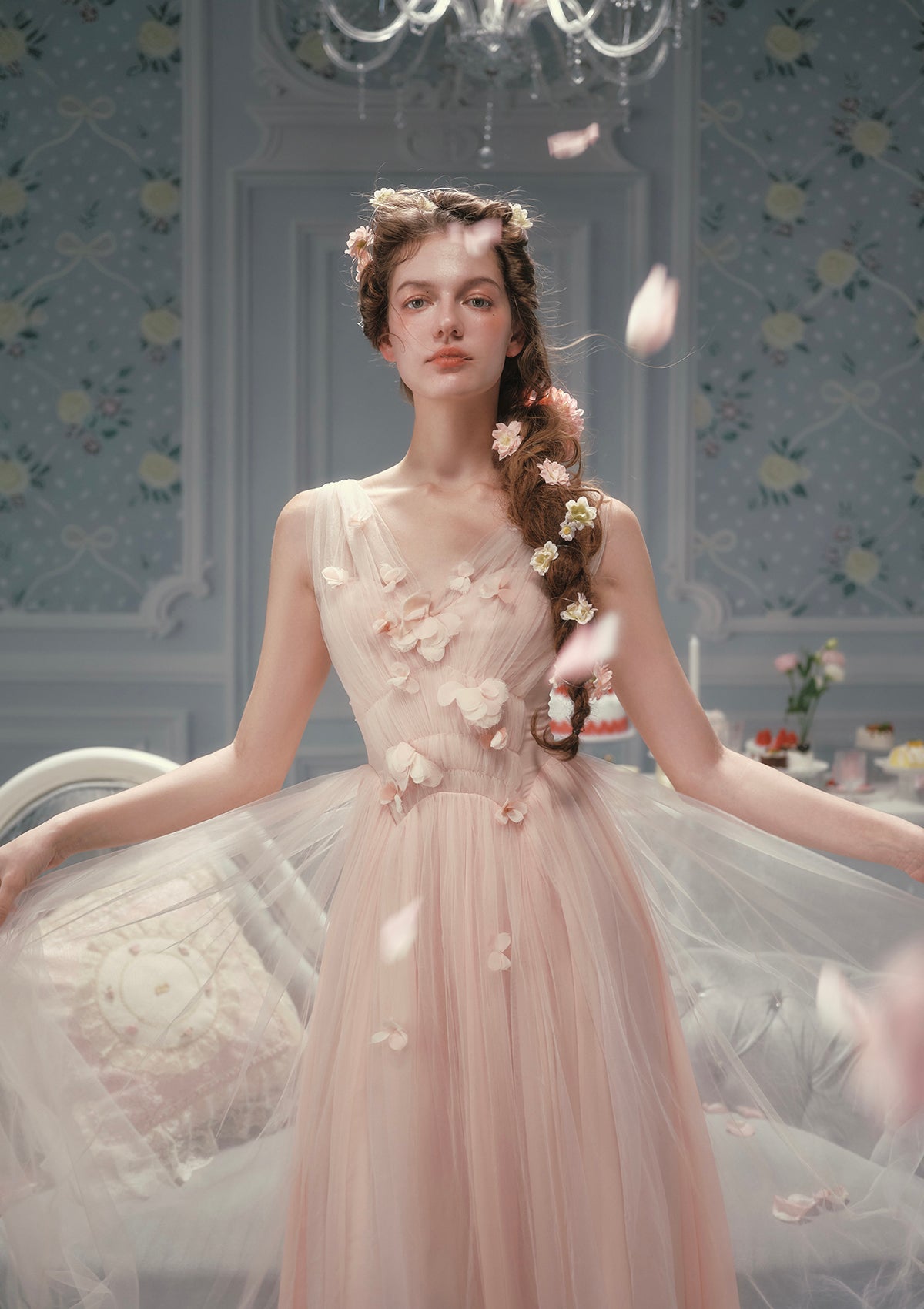 Blush Pink Tulle Gown with Floral Appliqués and Flower Crown — Princesscore Outfits
