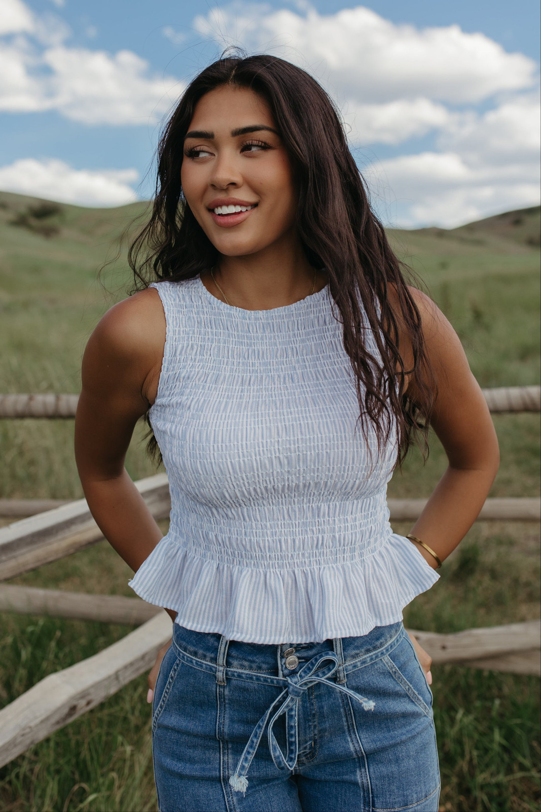 THE STORY SMOCKED PEPLUM TOP IN BLUE – Pink Desert
