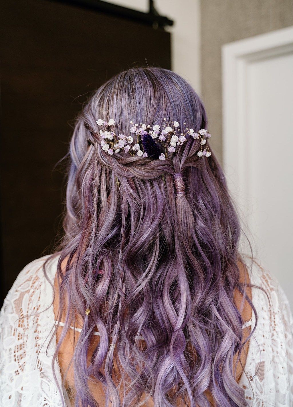 Braided Half Up Purple With Florals — Half Up Half Down Wavy Hair