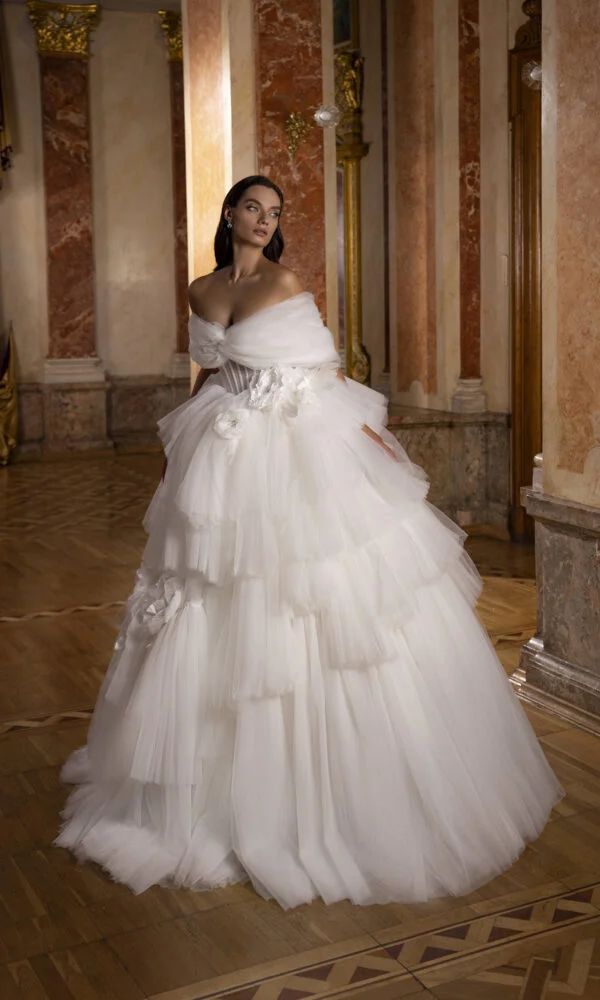 White Off-Shoulder Tulle Ball Gown with Floral Appliques White Off-Shoulder Tulle Ball Gown with Floral Appliques — Ball Gowns