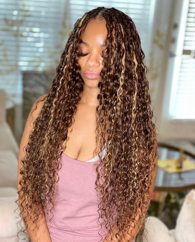 Wavy Brown Braids with Face-Framing Highlights — Brown Knotless Braids