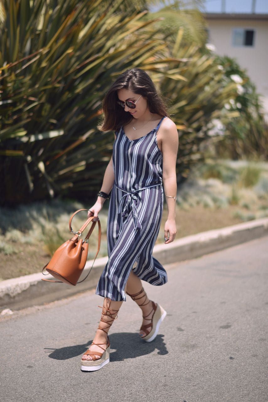 Navy and White Striped Tie-Waist Midi Dress with Espadrilles — Midi Dress Outfits