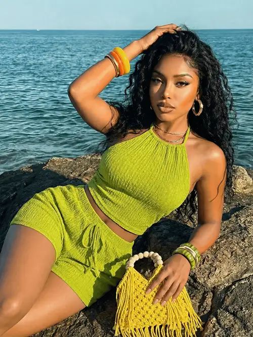 Vibrant Lime Green Halter Top and Shorts Set for Beach Vibrant Lime Green Halter Top and Shorts Set for Beach — Halter Top Outfits