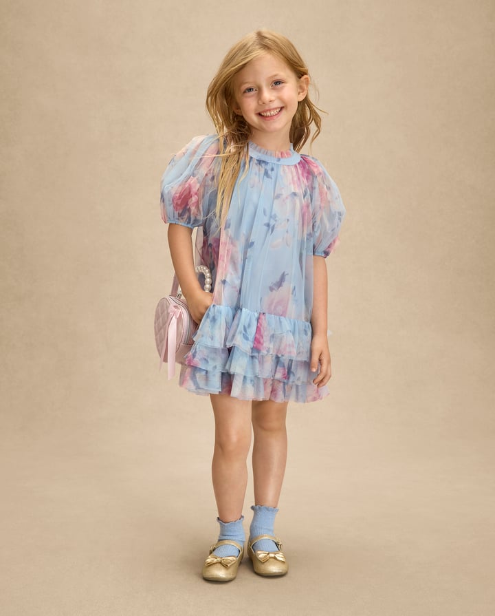 Blue and Pink Floral Tulle Dress for Parties Blue and Pink Floral Tulle Dress for Parties — Toddler Girl Outfits