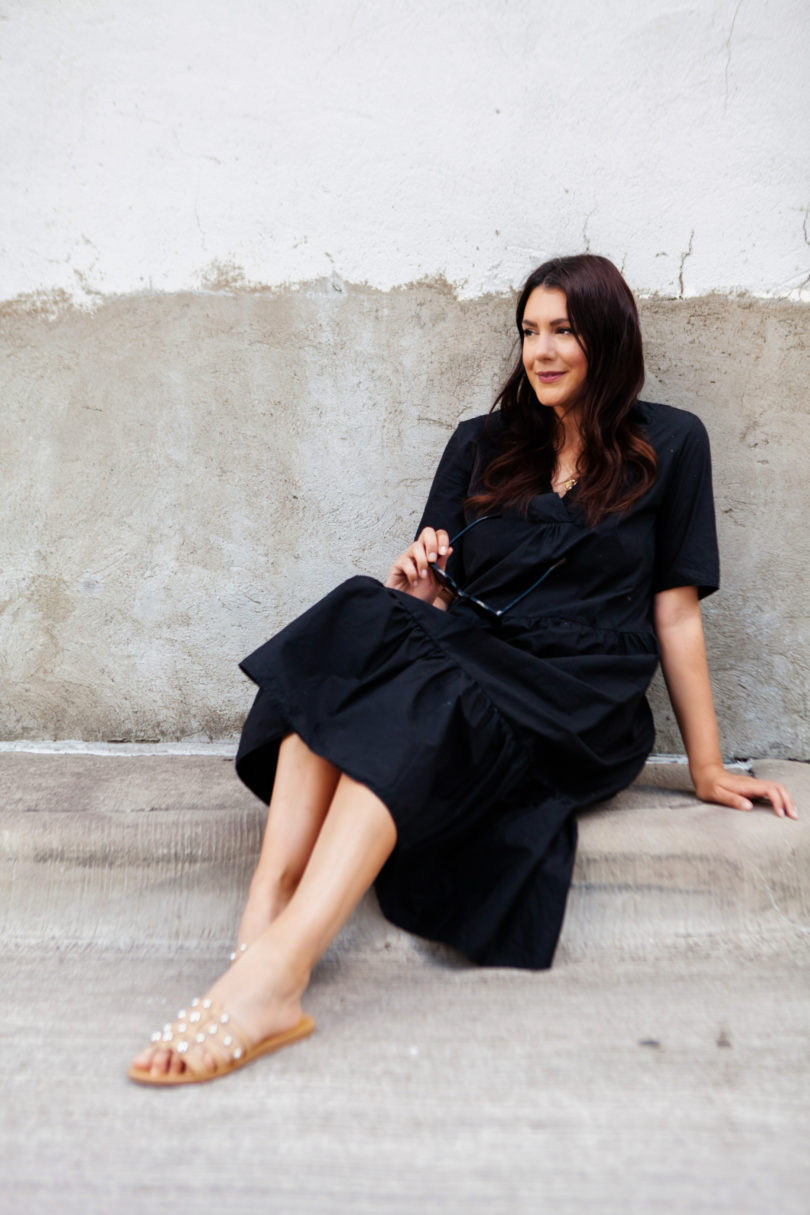 Tiered Black Dress with Embellished Sandals for Summer Casual — Little Black Dress Outfits