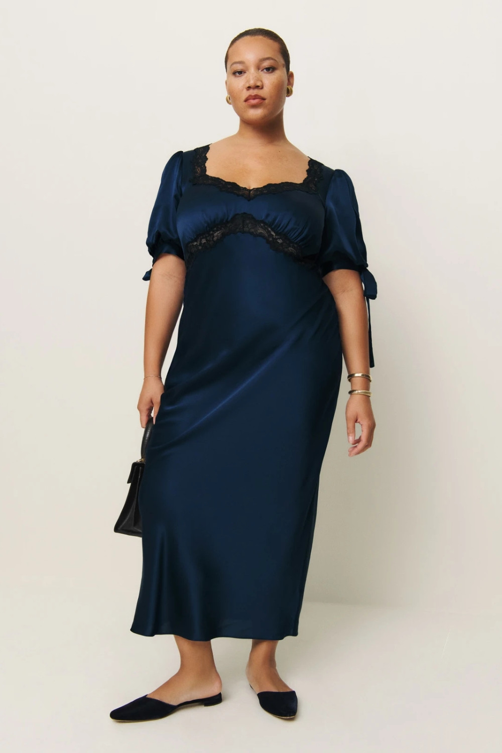 Navy Satin Slip Dress with Puff Sleeves and Lace Trim — Dresses for Apple Shape