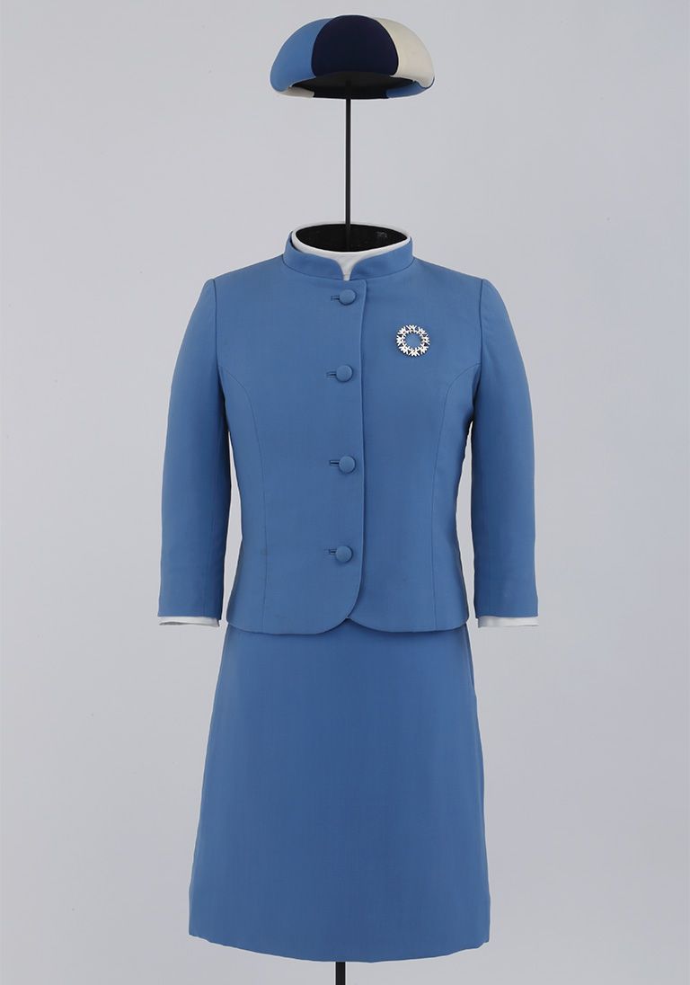 Blue Hostess Uniform with Mandarin Collar and Brooch Blue Hostess Uniform with Mandarin Collar and Brooch — Hostess Outfits