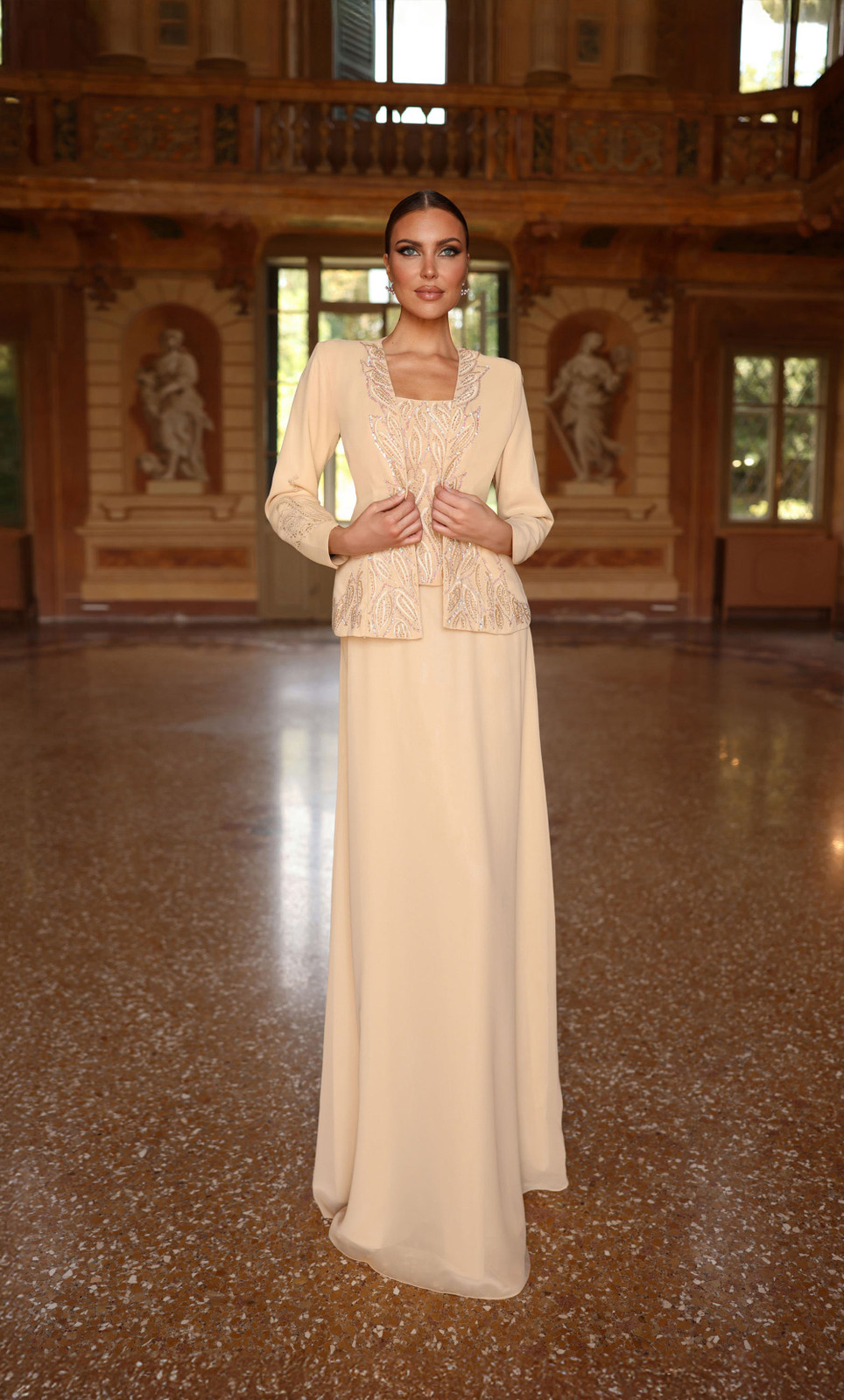 Pale Yellow Long Dress with Embellished Jacket Pale Yellow Long Dress with Embellished Jacket — Sorority Formal Dresses