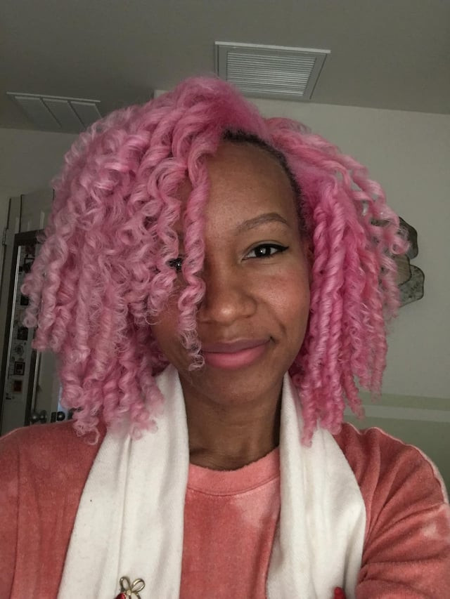 Vibrant Pink Coily Hair with Bangs — Flexi Rod Set