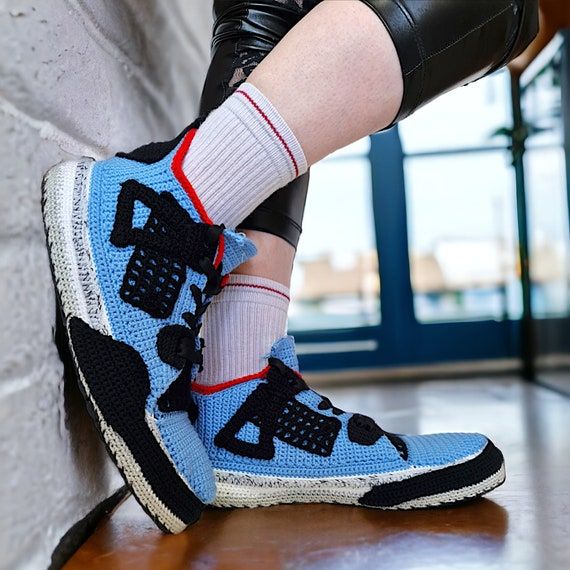 Unique Texture: Blue Crochet Jordan 4s with Leather Leggings Unique Texture: Blue Crochet Jordan 4s with Leather Leggings — Jordan 4 Outfits