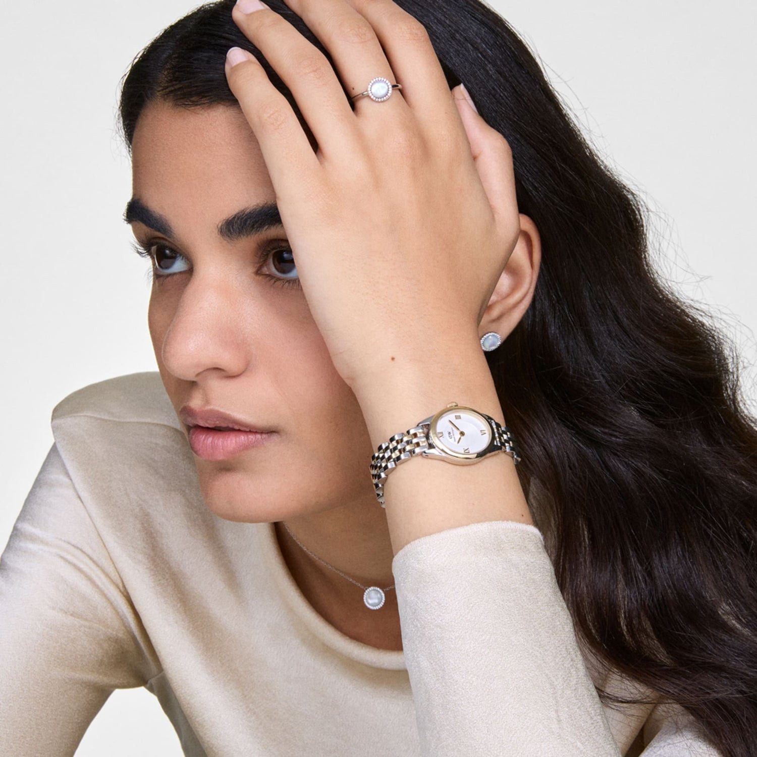 Two-Tone Gold and Silver Watch with Beige Sweater — Gold Watches for Women