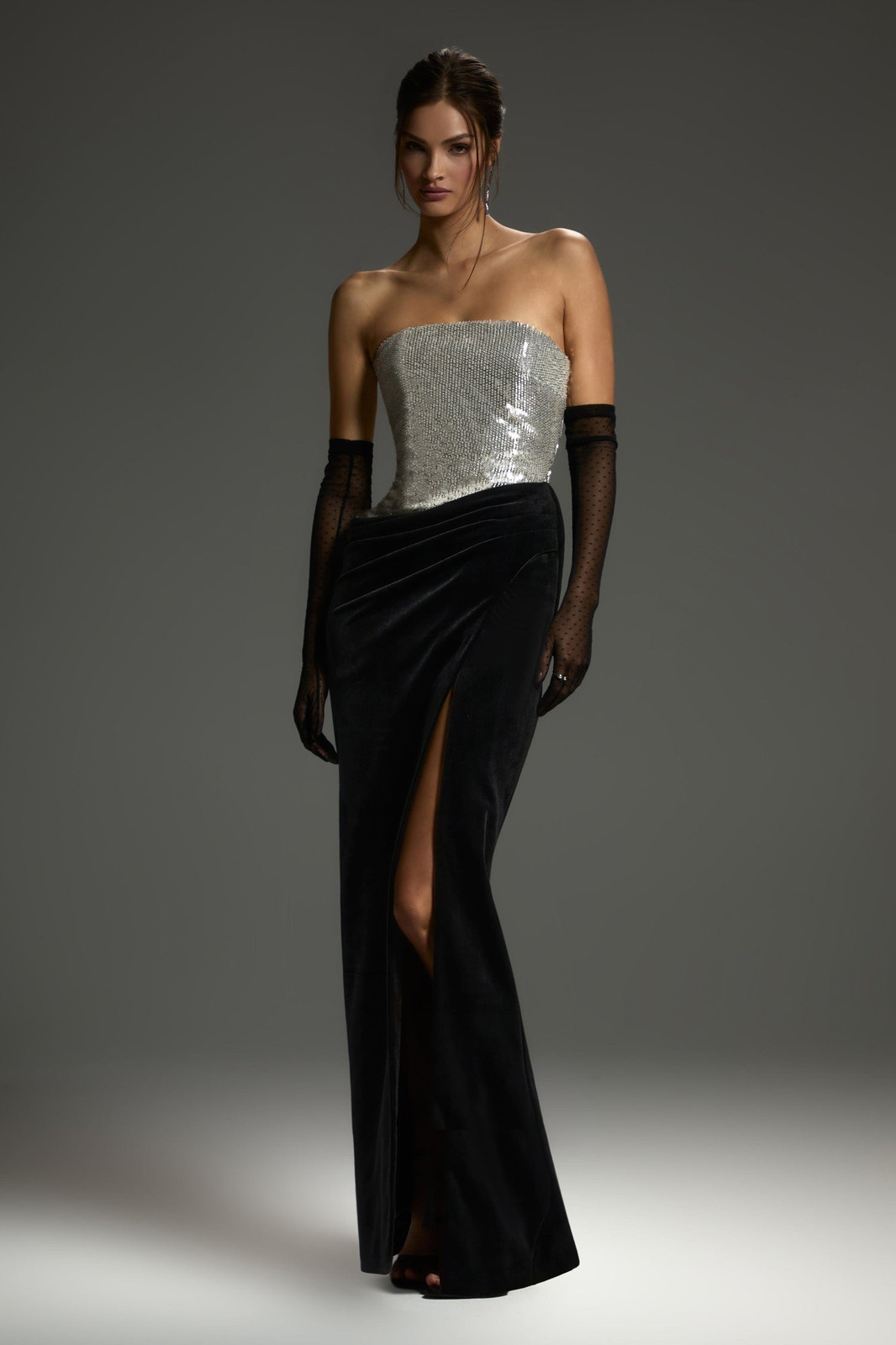 Edgy Black Velvet Skirt and Sequined Bandeau Combination — Black Tie Outfits