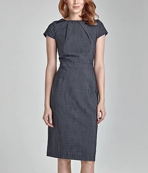 Textured Grey Sheath Dress with Pleated Neckline for an Interview Textured Grey Sheath Dress with Pleated Neckline for an Interview — Interview Dresses