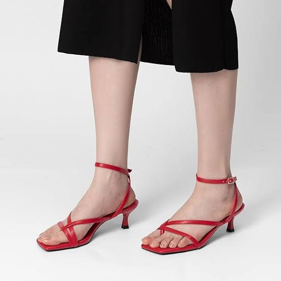 Minimalist Charm: Red Strappy Kitten Heels with Square Toe Minimalist Charm: Red Strappy Kitten Heels with Square Toe — Strappy Heels Outfits