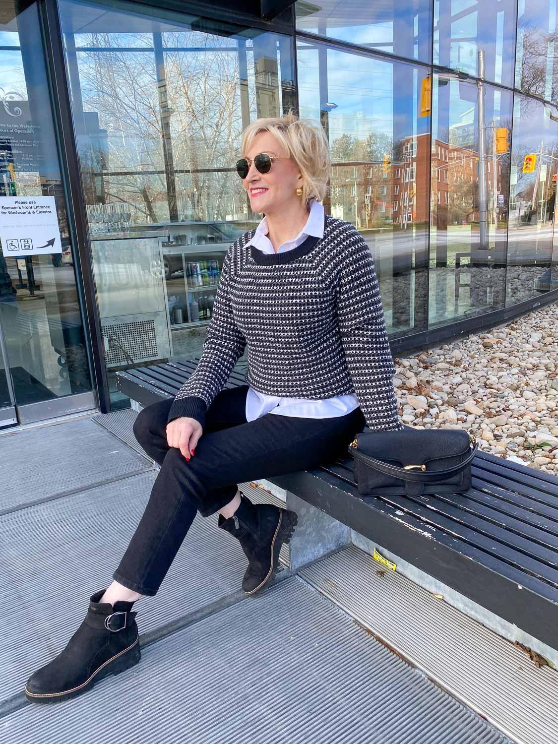 Classic Black Jeans with a Patterned Knit Sweater — Black and White Outfits