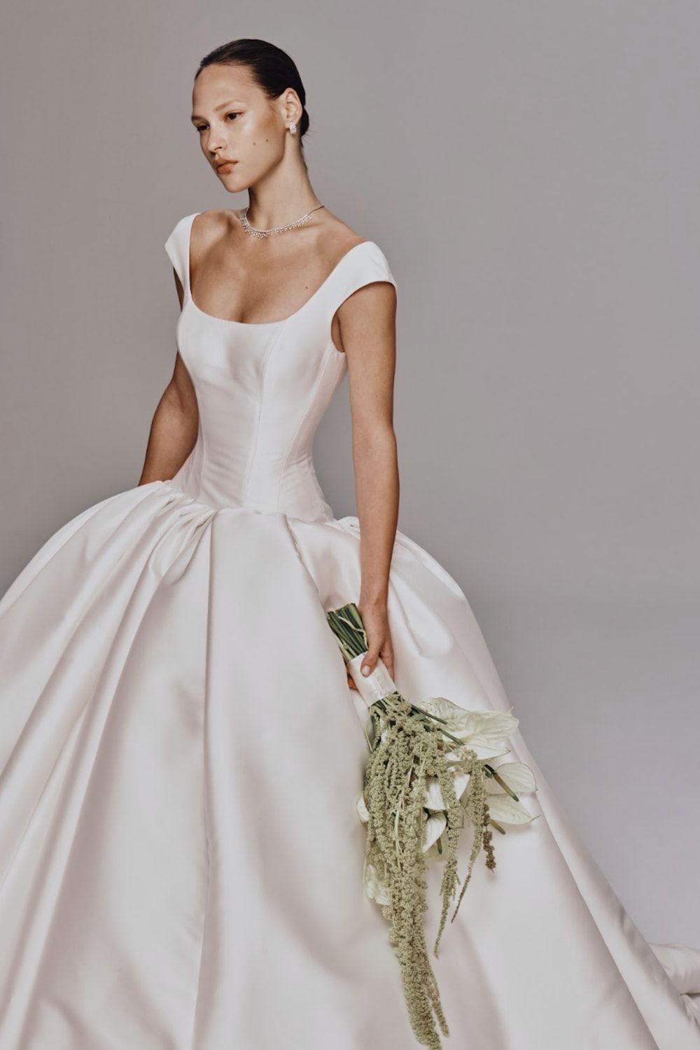 White Satin Ballgown Wedding Dress with Lace Detailing White Satin Ballgown Wedding Dress with Lace Detailing — Square Neck Dresses