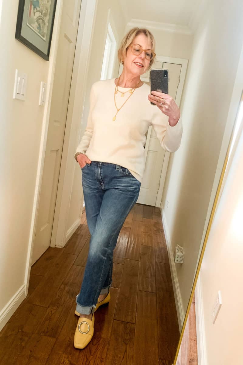 Yellow Loafers Brighten Cuffed Boyfriend Jeans and a Cream Sweater — Loafer Outfits