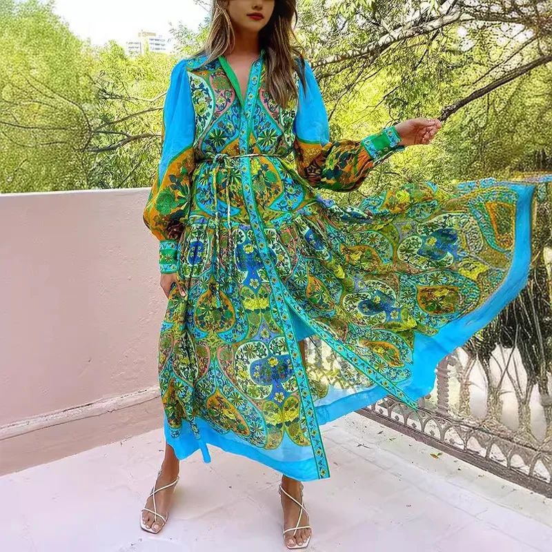 Vibrant Printed Maxi Dress with Belted Waist Vibrant Printed Maxi Dress with Belted Waist — Casual Dresses