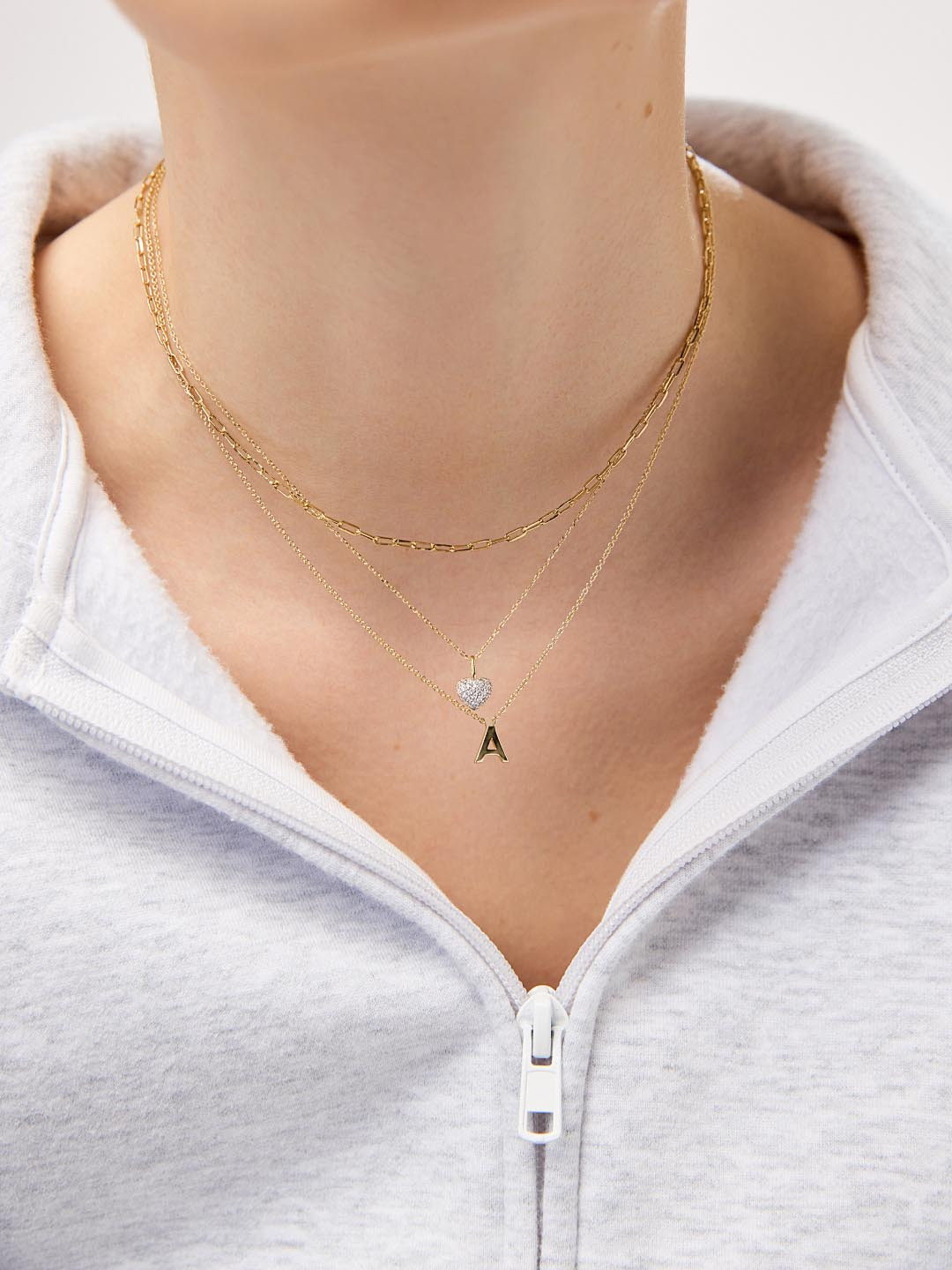Initial 'A' Pendant with Diamond Heart on Hoodie Initial 'A' Pendant with Diamond Heart on Hoodie — Initial Necklaces