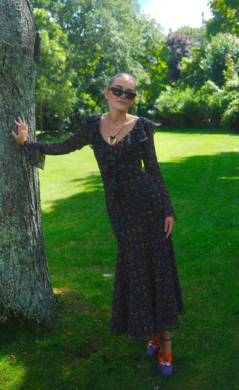 Dark Floral Maxi Dress with Bold Platform Sandals — House Dresses