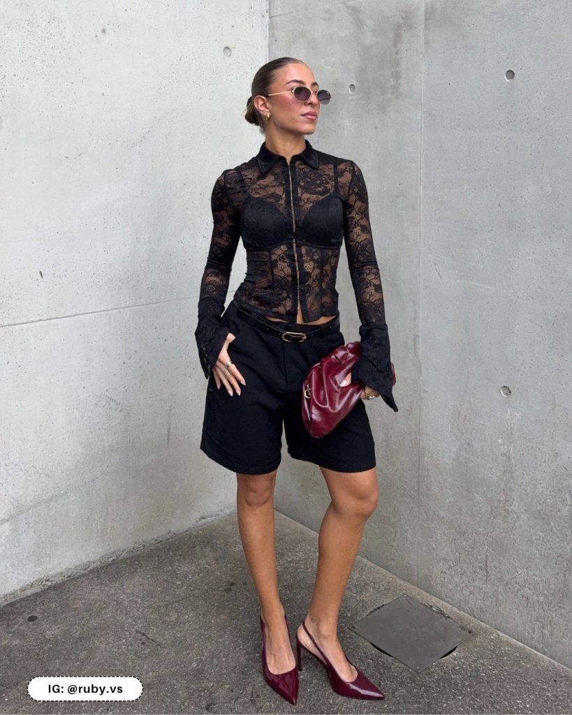 Black Lace Zip-Up Top with Bermuda Shorts Black Lace Zip-Up Top with Bermuda Shorts — Lace Top Outfits