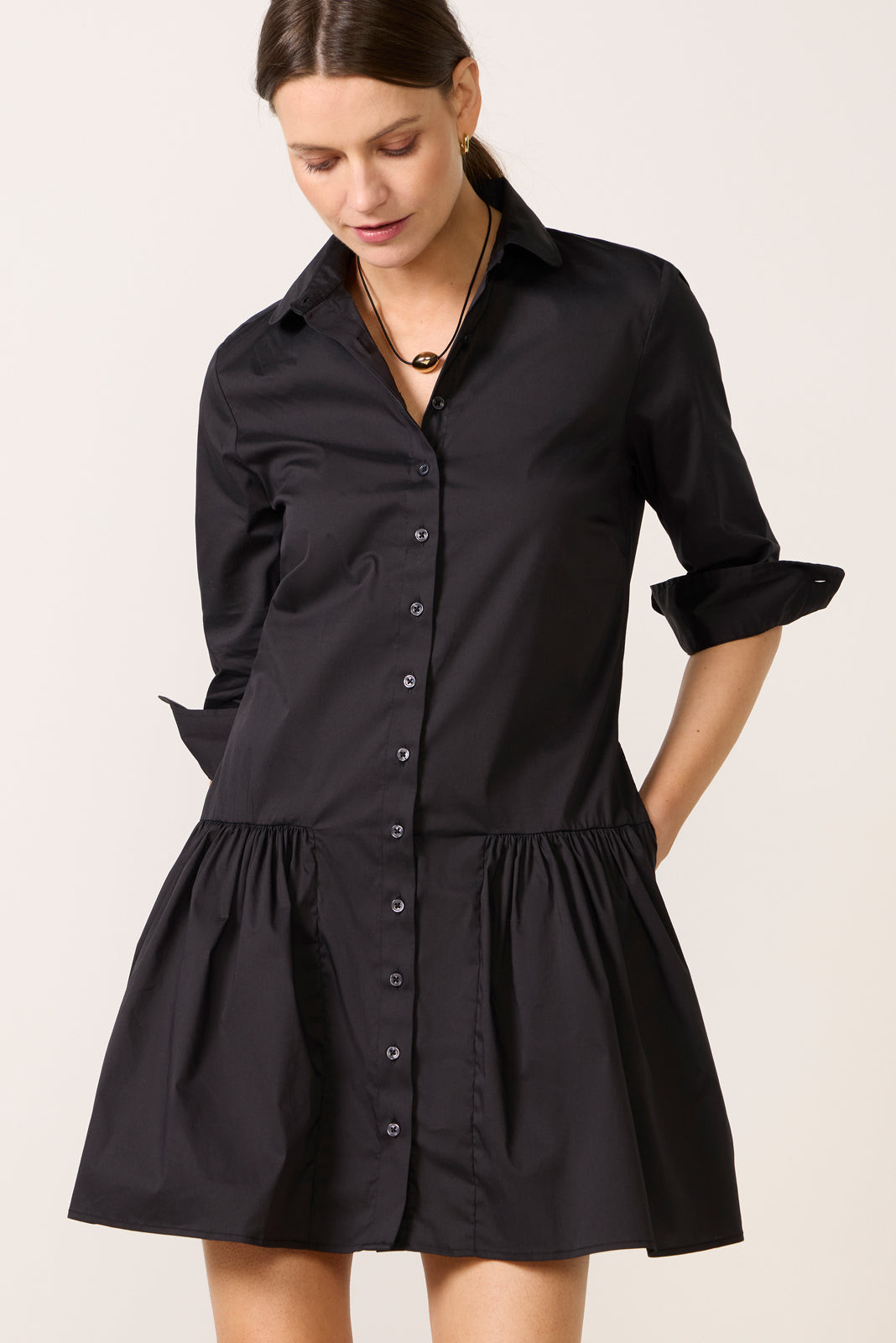 Black Cotton Button-Up Shirt Dress with Gathered Drop Waist Black Cotton Button-Up Shirt Dress with Gathered Drop Waist — Drop Waist Dresses