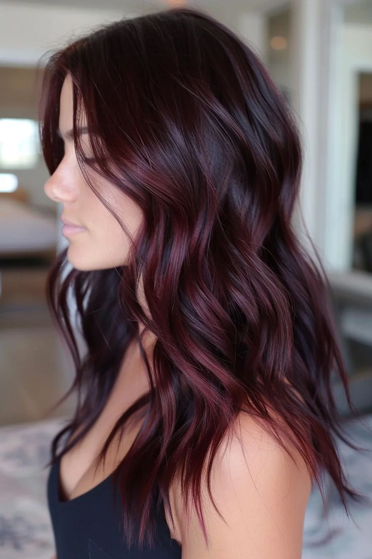 Burgundy Waves with Wispy Bangs Burgundy Waves with Wispy Bangs — Maroon Hair