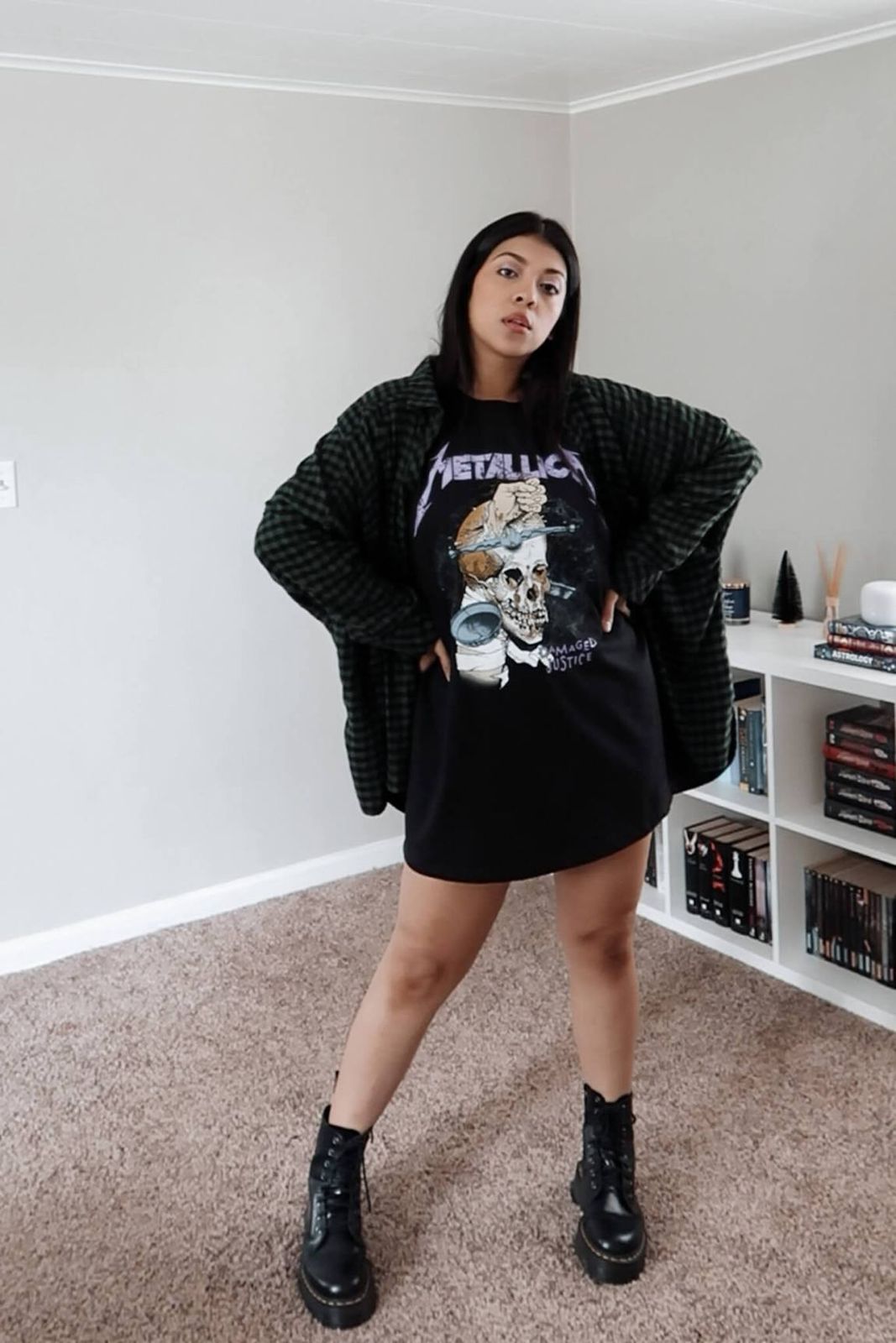 Edgy Graphic Tee Dress with Plaid Shirt and Combat Boots Edgy Graphic Tee Dress with Plaid Shirt and Combat Boots — T Shirt Dress Outfits