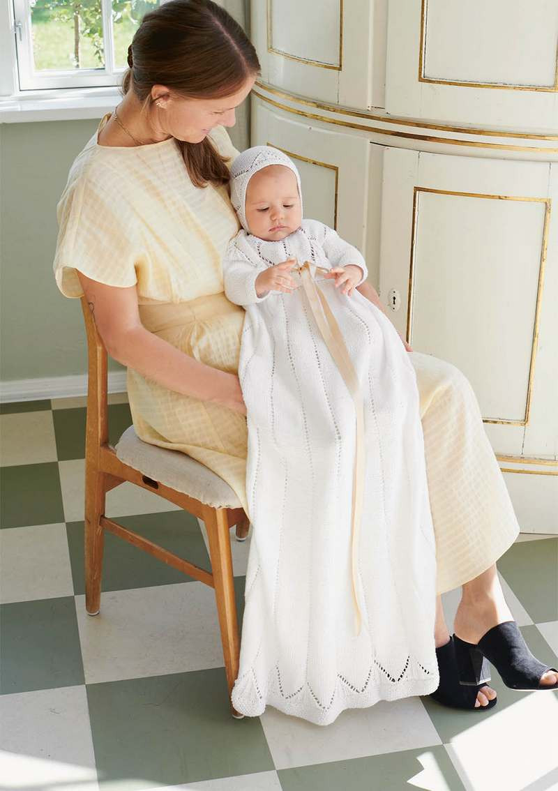 Pale Yellow Gauze Dress with Knitted Christening Gown — Baptism Outfits