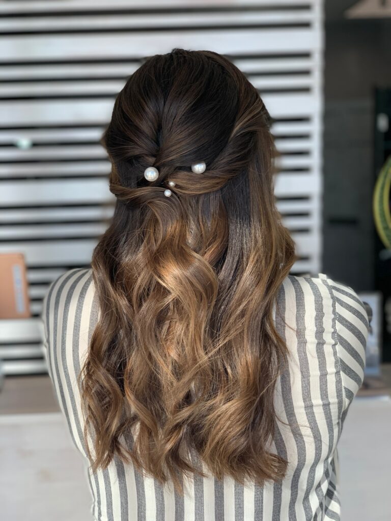 Dark Brown With Honey Pearls Dark Brown With Honey Pearls — Half Up Half Down Curly Hair