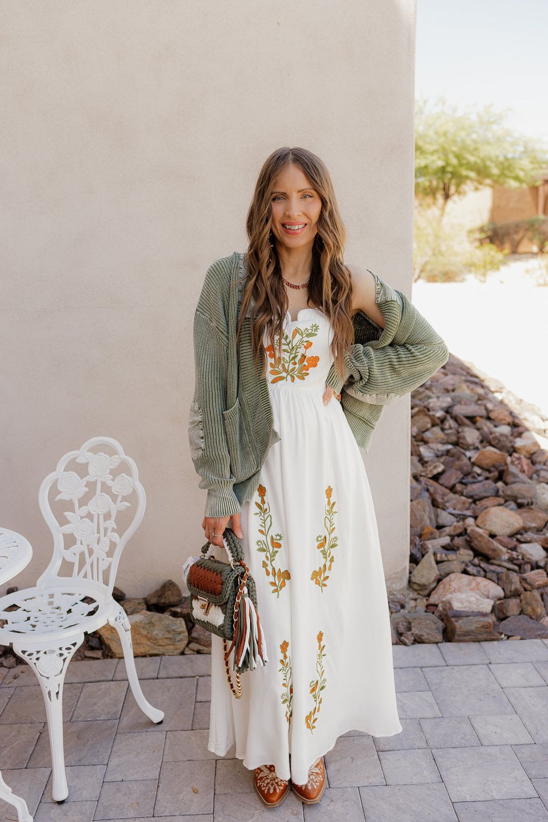 Floral Maxi Dress with Green Knit Cardigan — Scottsdale Outfits