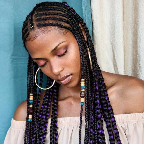 Mid-Back Brown and Black Box Braids with Colorful Beads — Fulani Braids with Beads