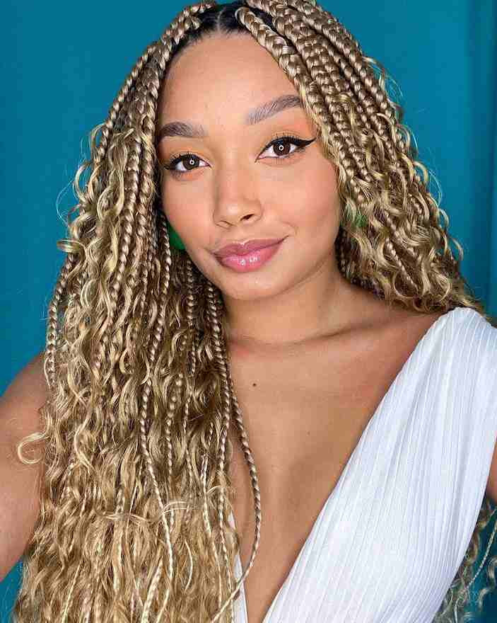Mid-Back Blonde Box Braids With Loose Curls Mid-Back Blonde Box Braids With Loose Curls — Goddess Box Braids