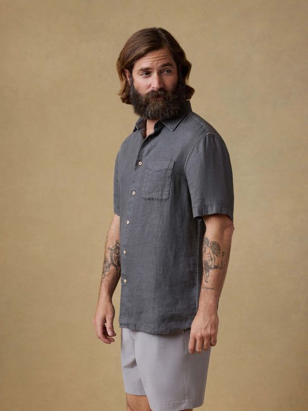 Textured Dark Grey Short-Sleeve Button-Up — Button Up Shirts