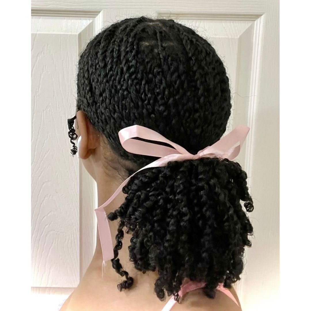 Black Coily Ponytail With Pink Ribbon — Low Ponytail with Bow