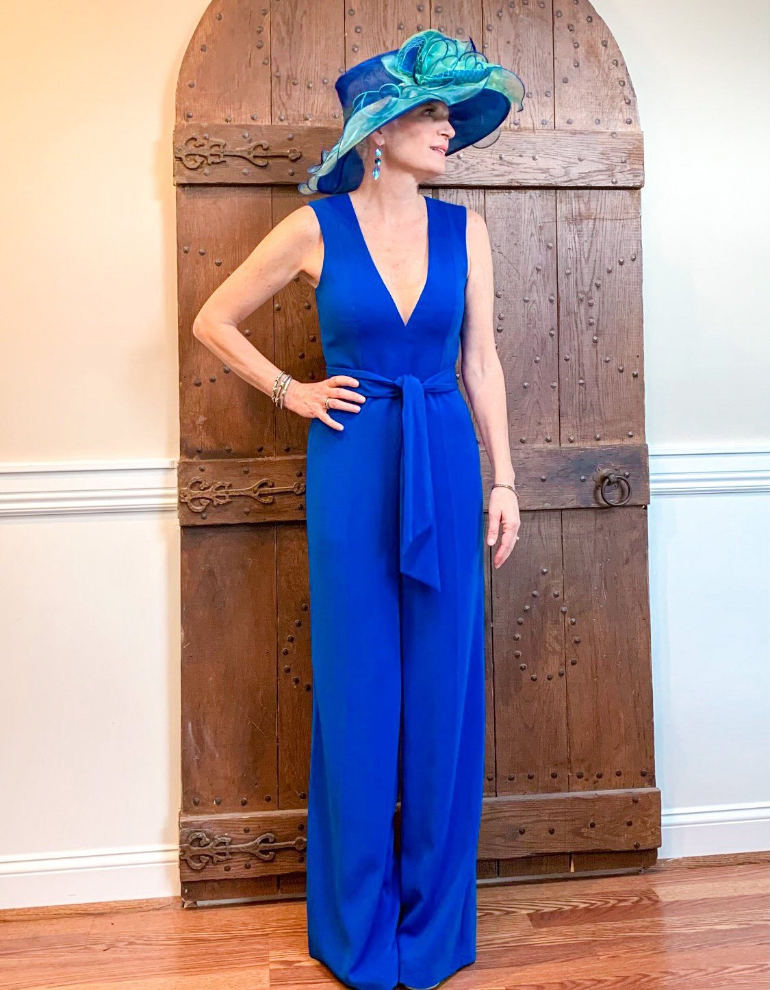 Royal Blue Wide-Leg Jumpsuit with Teal Fascinator — Kentucky Derby Outfits