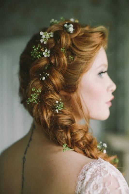 Red Side Braid with Delicate Blooms — Wedding Hairstyles with Flowers
