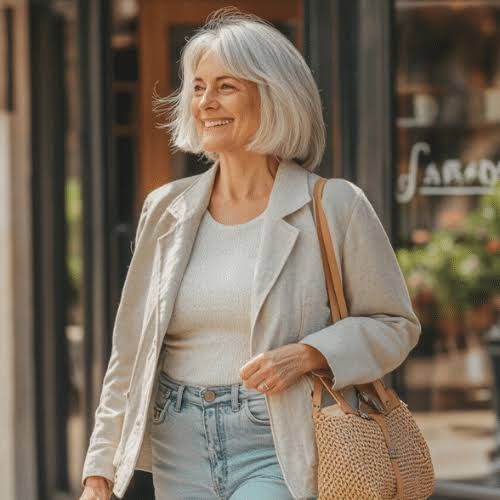 Polished Casual: Beige Blazer with Jeans and a Knit Top — Grandma Outfits