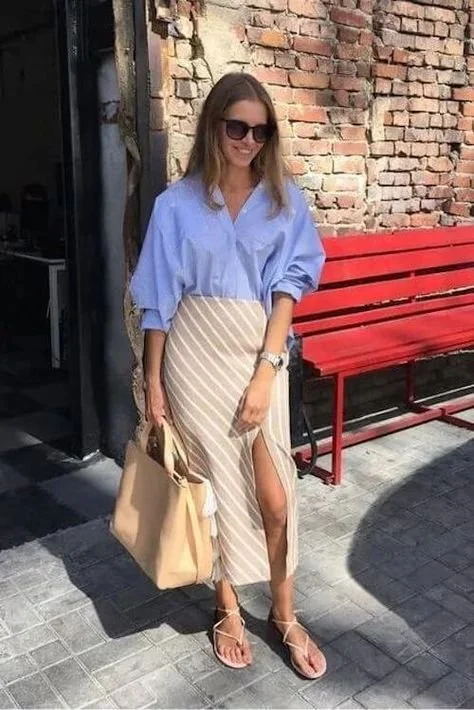 Casual Daytime Striped Knit Maxi Skirt with Oversized Button-Down — Long Skirt Outfits