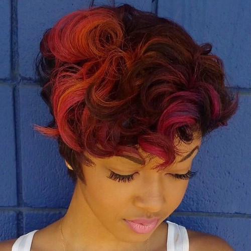 Dark Red Pixie With Red Orange Curls Dark Red Pixie With Red Orange Curls — Red Highlights