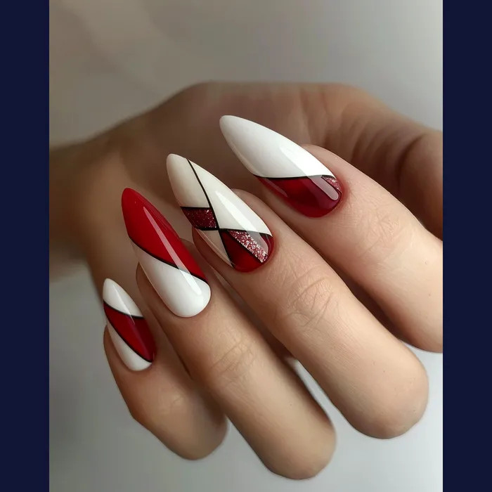 Red and White Geometric Color Block Stilettos Red and White Geometric Color Block Stilettos — Geometric Nails