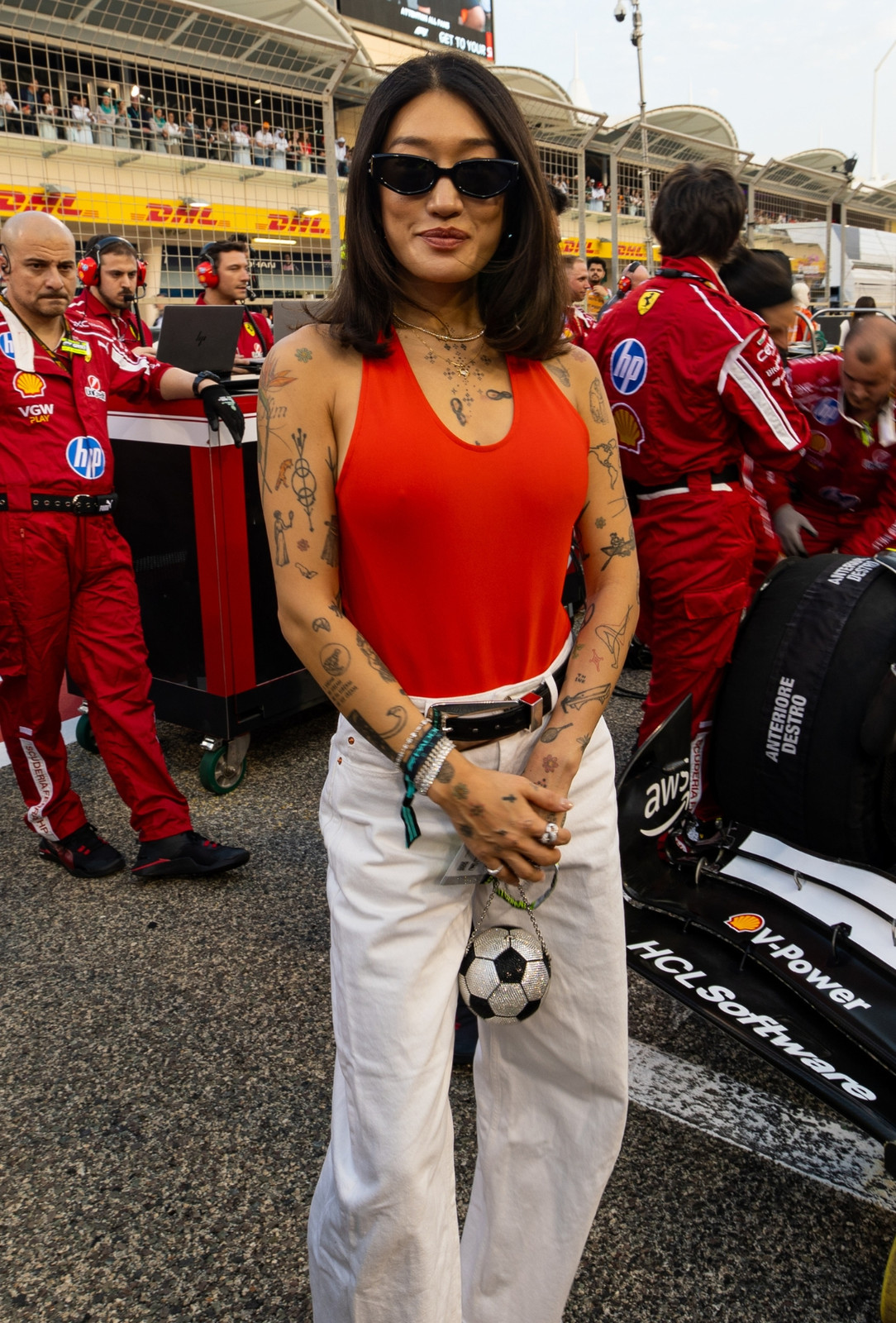 Bold Red Halter Top Paired with Crisp White Wide-Leg Pants Bold Red Halter Top Paired with Crisp White Wide-Leg Pants — F1 Race Outfits